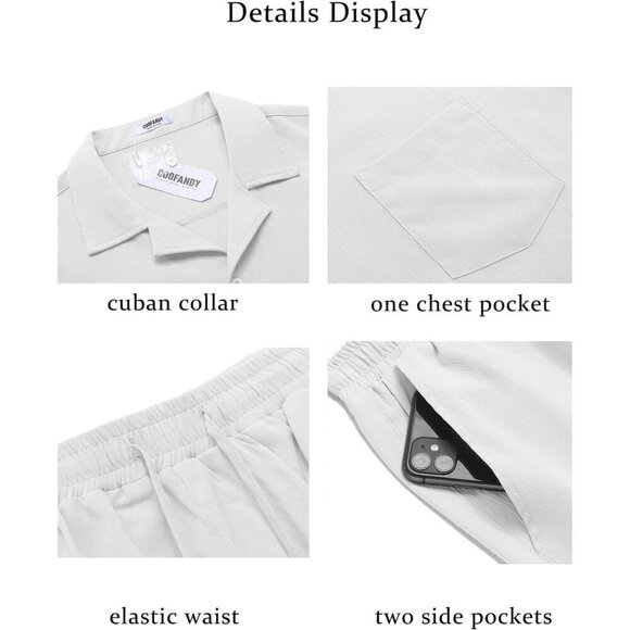 Mens White 2 Piece Casual Beach Outfit Short Sleeve Button Down Shirts Short Set - Picture 5 of 6